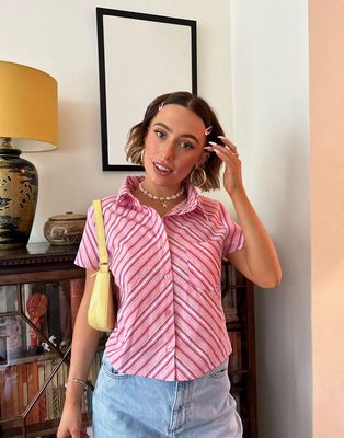 Daisy Street X Chloe Davie Y2K fitted crop shirt in pink retro stripe