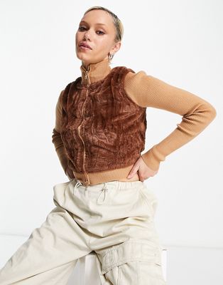 Daisy Street Y2K faux fur knitted sweater with exaggerated collar and rib sleeves in light brown