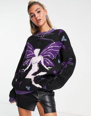 Daisy Street Y2K oversized knit sweater with fairy graphic-Black
