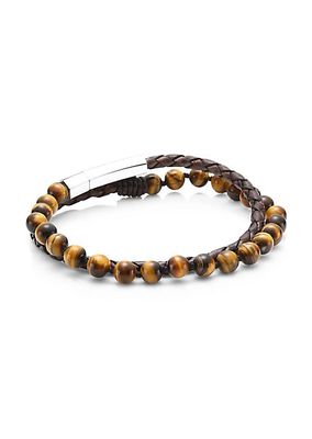 Dakota Stainless Steel, Leather & Tiger Eye Double-Wrap Bracelet