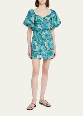 Dali Puff-Sleeve Printed Linen Mini Dress