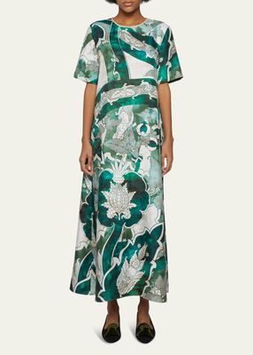 Damask-Print Long Silk Dress