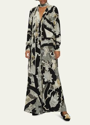 Damask-Print Scarf Neck Flowy Silk Jumpsuit