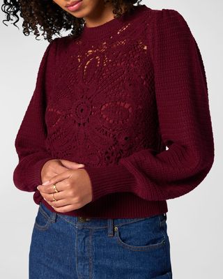 Damira Blouson-Sleeve Floral Crochet Sweater