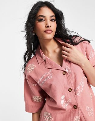 Damson Madder all-over embroidered boxy shirt in terracotta - part of a set-Brown