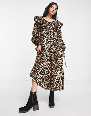 Damson Madder cotton textured midi dress in leopard print-Brown