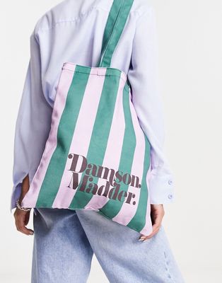 Damson Madder logo tote bag in green & pink stripe cotton-Multi