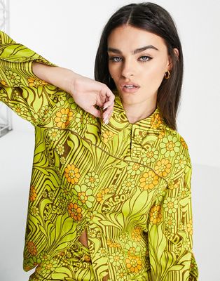 Damson Madder poly satin shirt in retro yellow floral - part of a set