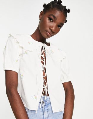 Damson Madder tie-detail embroidered scallop blouse in white