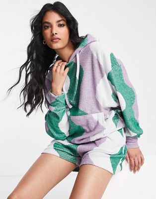 Damson Madder wave print towelling hoodie in green - part of a set-Multi