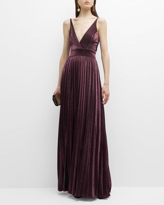 Danae Pleated Deep V-Neck Shimmer Gown