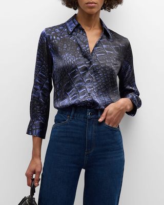 Dani Multi-Tonal Crocodile Button-Front Silk Shirt