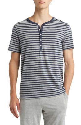 Daniel Buchler Heathered Stripe Recycled Cotton Blend Henley Pajama T-Shirt in Navy/Grey