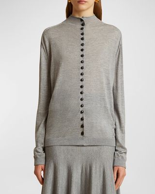 Danika Funnel-Neck Button-Front Long-Sleeve Top