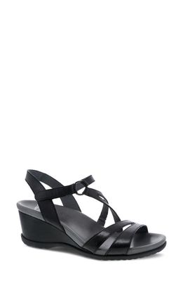 Dansko Addyson Asymmetric Strappy Sandal in Black Glazed Calf