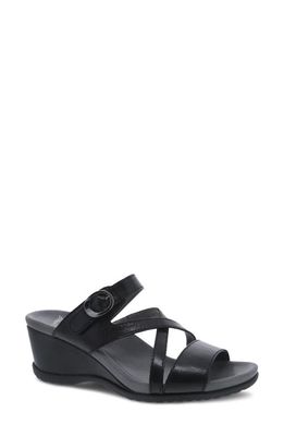 Dansko Ana Asymmetric Strappy Wedge Sandal in Black Glazed Calf