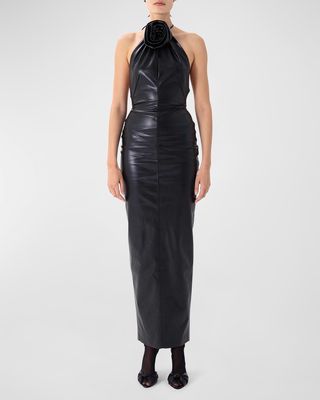Danz Vegan Leather Rosette Long Halter Dress
