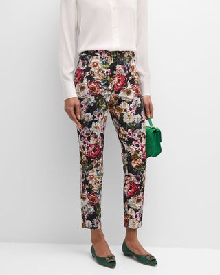 Daphne Floral-Print Pintuck Slim-Leg Ankle Cotton Twill Pants