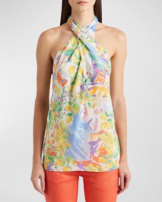 Darby Painting-Print Crossover Halter Voile Blouse