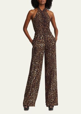 Daria Wide-Leg Leopard Print Pants with Belted Waist