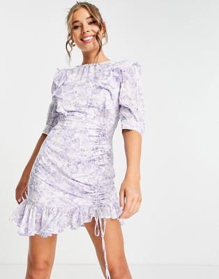 Dark Pink oversized sleeve ruched mini dress with frill in rose print-Purple