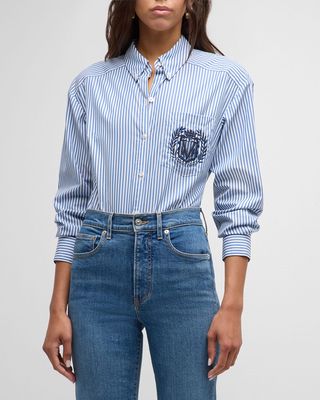 Daroda Stripe Embroidered Button-Front Top