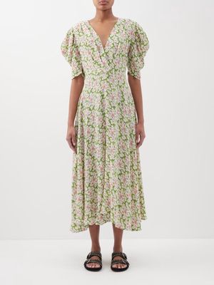 D'Ascoli - Brigitte Floral-print Silk-crepe Midi Dress - Womens - Green Multi