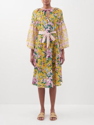D'Ascoli - Clarisse Floral Cotton-khadi Midi Dress - Womens - Yellow Multi