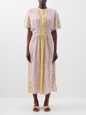 D'Ascoli - Clotilde Block-print Cotton-khadi Midi Dress - Womens - Pink Yellow