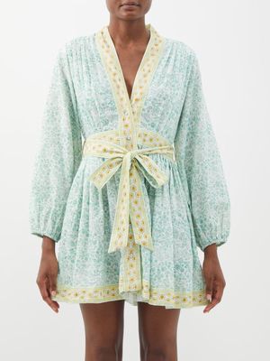 D'Ascoli - Clotilde Floral Cotton-khadi Mini Dress - Womens - Aqua