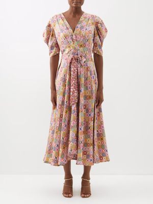 D'Ascoli - Dawn Patchwork-print Silk-twill Midi Dress - Womens - Pink Multi