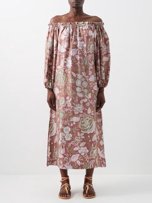 D'Ascoli - Kubu Off-the-shoulder Floral Silk-twill Dress - Womens - Brown Multi