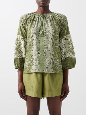 D'Ascoli - Makassar Floral-print Cotton-khadi Top - Womens - Green Print