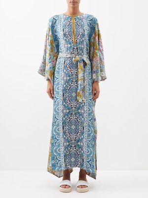 D'Ascoli - Marley Tie-neck Printed Silk-twill Kaftan Dress - Womens - Blue Multi