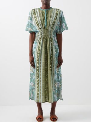 D'Ascoli - Padang Block-print Cotton-khadi Dress - Womens - Blue Green