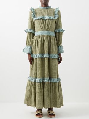 D'Ascoli - Pema Ruffle-trimmed Cotton-khadi Maxi Dress - Womens - Green Print