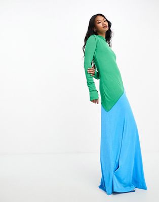 Daska spliced high neck maxi dress in blue and green-Multi