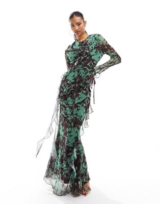 Daska tiered chiffon dress in green print-Multi