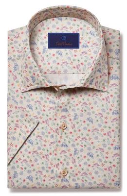 David Donahue Beach Print Linen & Cotton Short Sleeve Button-Up Shirt in Dune/Multi