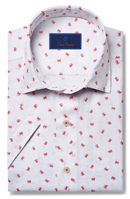David Donahue Crab Print Short Sleeve Linen & Cotton Button-Up Shirt in White/Red