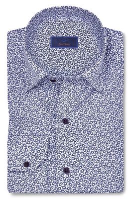 David Donahue Football Print Cotton Twill Hidden Button-Down Shirt in Blue/White 