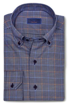 David Donahue Houndstooth Check Twill Dress Shirt in Navy/Gold