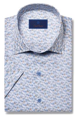 David Donahue Micro Palm Print Short Sleeve Cotton Button-Up Shirt in Blue/Tan