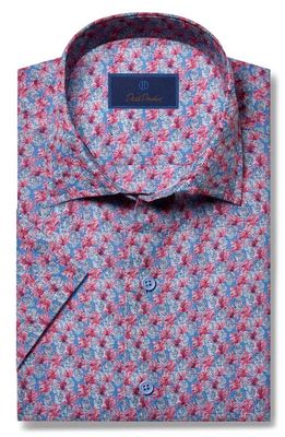 David Donahue Pineapple Print Linen & Cotton Short Sleeve Button-Up Shirt in Blue/Berry