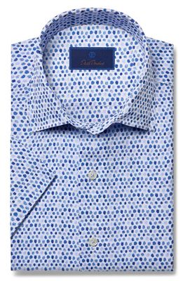 David Donahue Print Linen & Cotton Short Sleeve Button-Up Shirt in White/Blue