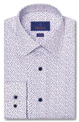 David Donahue Slim Fit Tossed Square Print Cotton Dress Shirt in White/Lilac