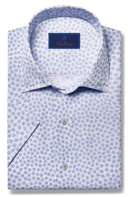 David Donahue Starfish Print Short Sleeve Linen & Cotton Button-Up Shirt in White/Blue