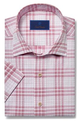 David Donahue Texture Plaid Short Sleeve Cotton Button-Up Shirt in White/Berry