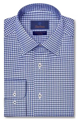 David Donahue Trim Fit Luxury Check Non-Iron Cotton Twill Dress Shirt in Blue
