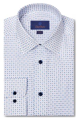 David Donahue Trim Fit Tossed Geometric Print Dress Shirt in White/Sky